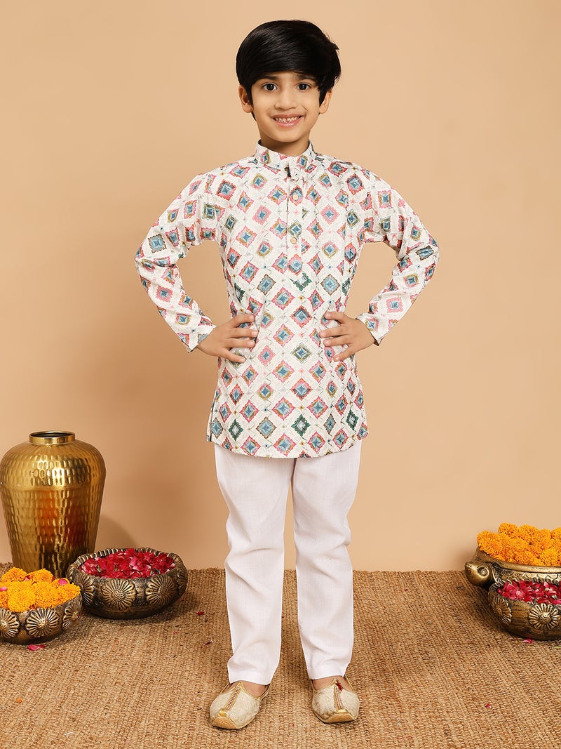 Boys Cream Multicolor Kurta & Pyjama Set